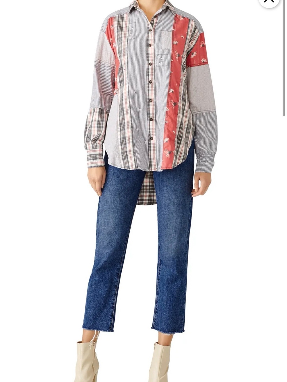 Free People Patchwork Button-Down Shirt in Red and Gray